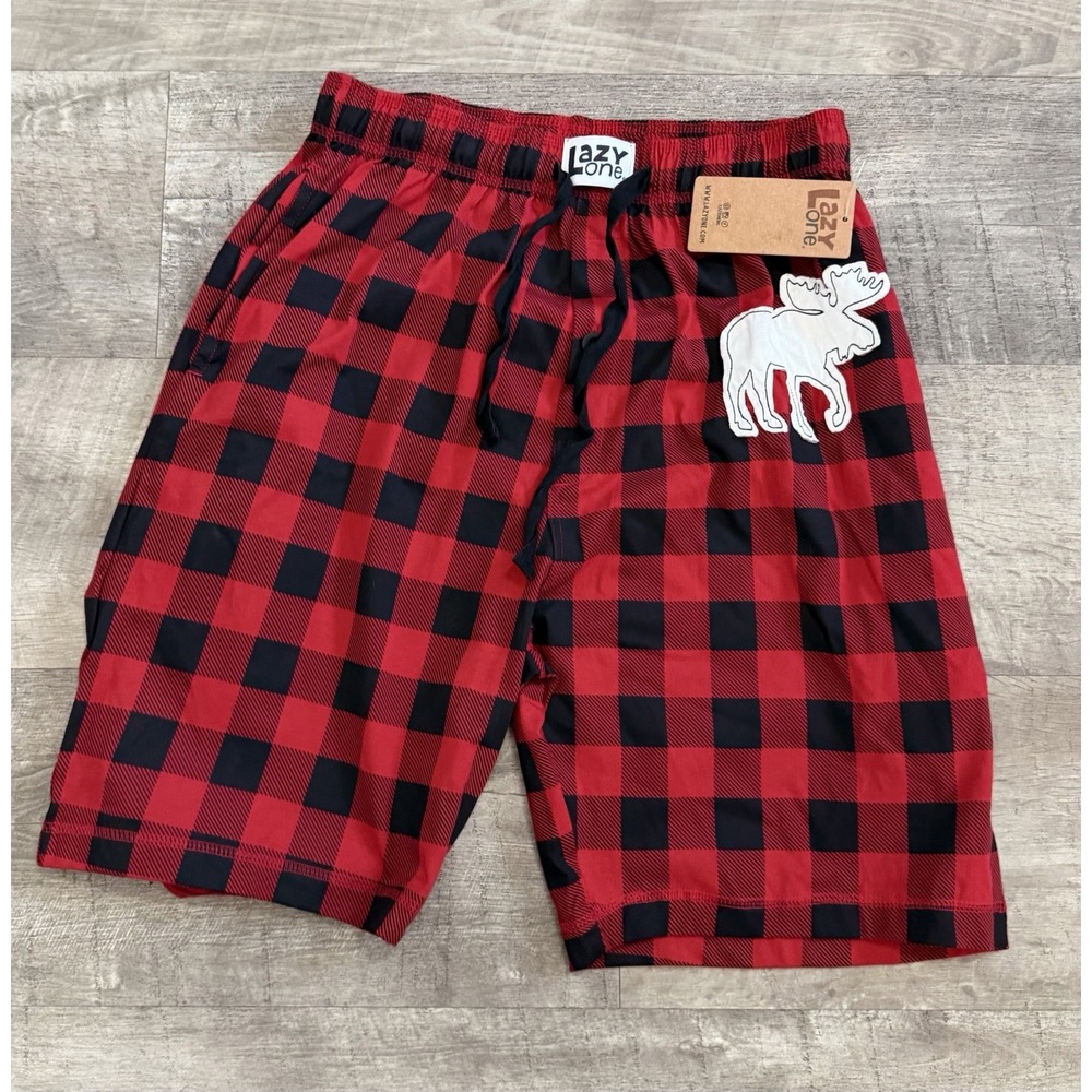 New Lazy One Pajama Shorts Mens Small Red Buffalo Plaid Moose Patch Cotton
